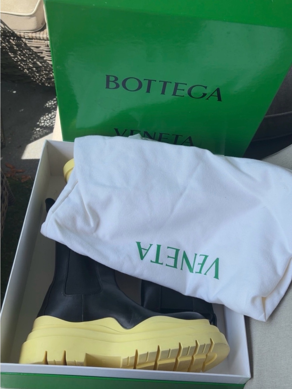 Bottega Veneta Black Leather Chelsea Boots with Pale Yellow Platform Sole